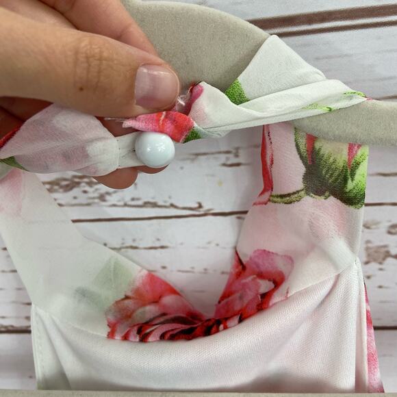 Windsor S White Pink Floral Chiffon Pleated Halter Backless Side Tie Blouse Top - Picture 7 of 8